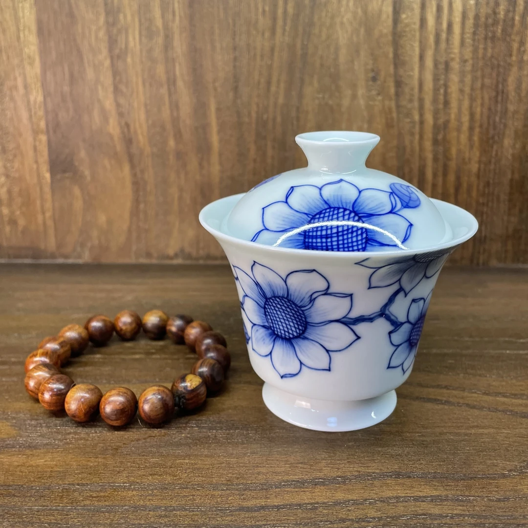 纯手绘青花向阳花二才盖碗纯手工景德镇陶瓷茶盖碗