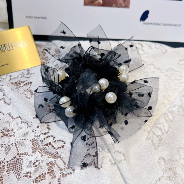 新款大肠发圈气质欧根纱头绳珍珠波点甜美头饰皮筋原创黑色发绳