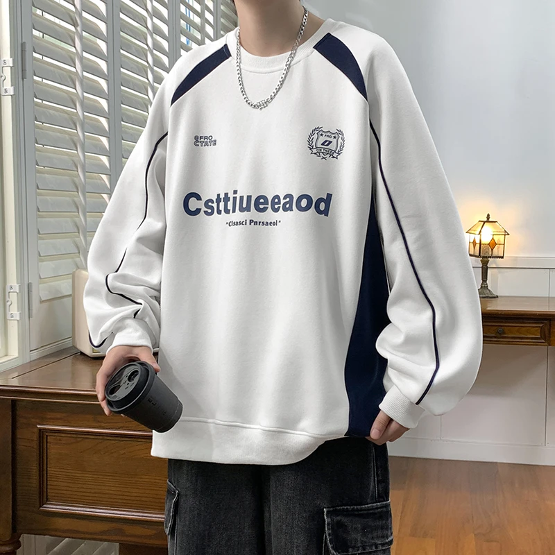 字母卫衣男春秋季新款圆领拼接青少年学院风长袖宽松上衣打底衫