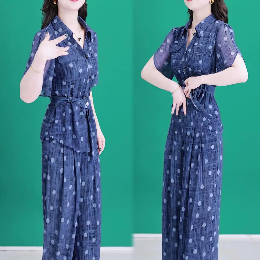 时尚短袖休闲套装女2025年夏季新款气质显瘦翻领上衣阔腿裤两件套