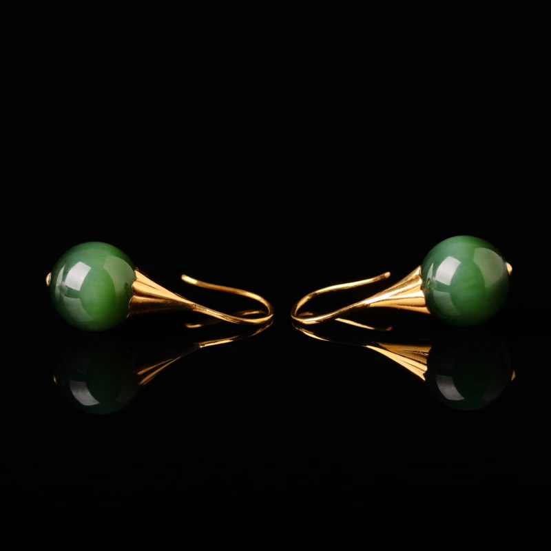 【泓贝珠宝-K116】18k金镶嵌和田玉碧玉冰闪黑猫眼耳坠NGTC国检证书