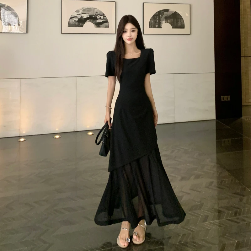 C355法式赫本风网纱拼接方领气质显瘦连衣裙女夏季不规则收腰长裙