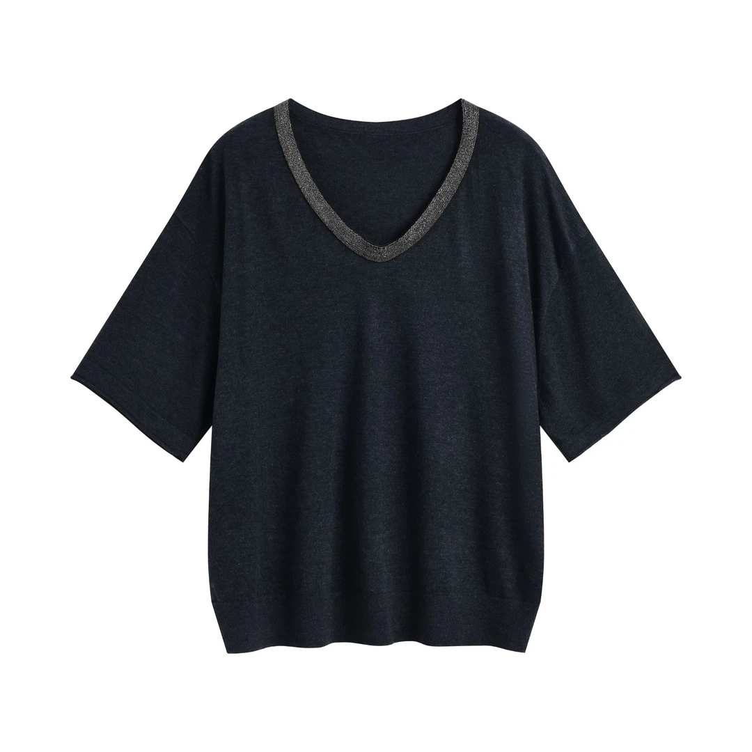 WLIN  新款V领钉珠链条绵羊毛桑蚕丝短袖上衣0894