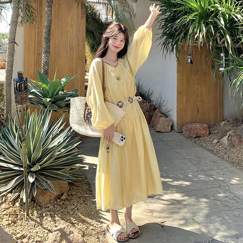 法式浪漫天 丝黄色连衣裙女2025春夏新款漂亮独特度假风收腰A字裙