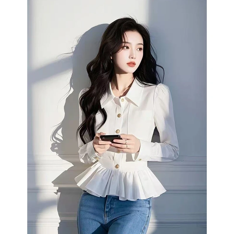 法式白色翻领衬衫女长袖2025春秋独特超好看收腰显瘦荷叶边衬衣潮