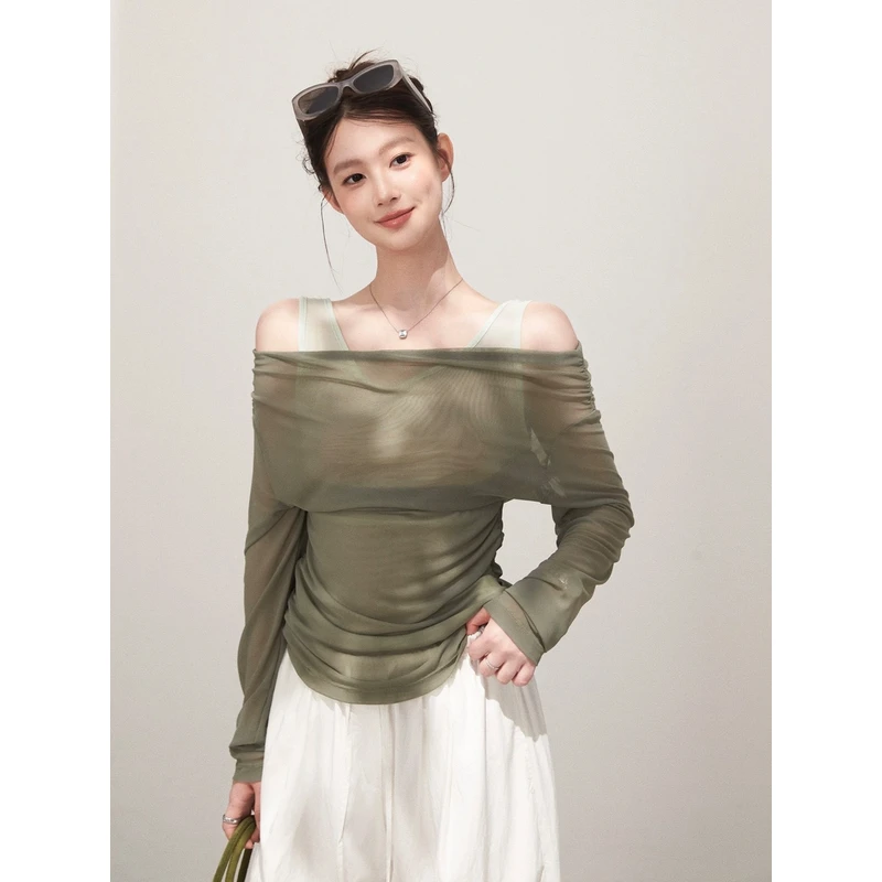 【谢不肉】夏季撞色拼接假两件网纱修身显瘦一字肩长袖T恤上衣