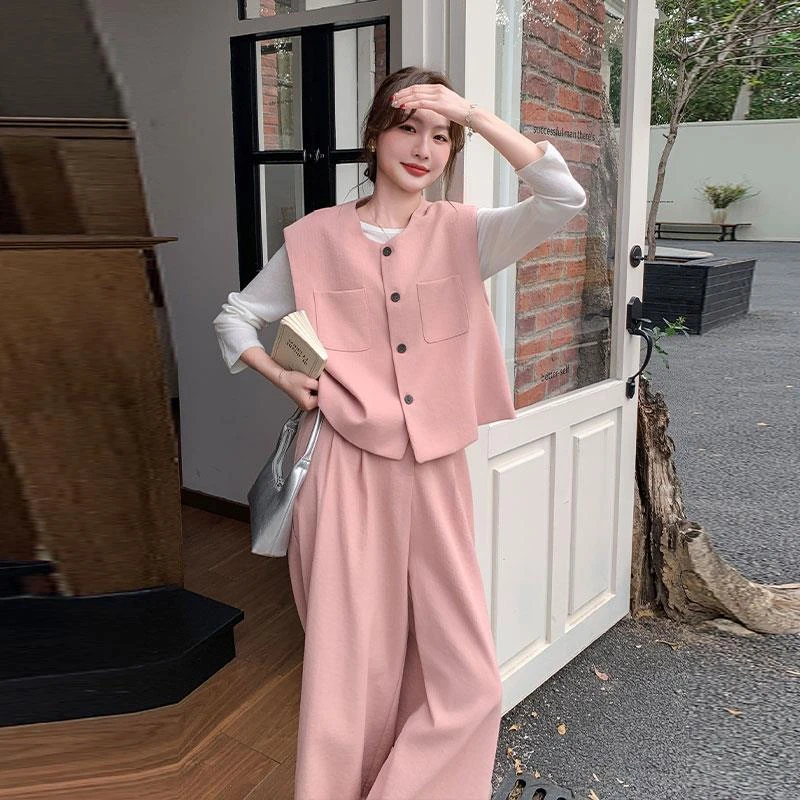 粉色韩系高级感马甲时尚套装女2025春超好看洋气减龄阔腿裤两件套