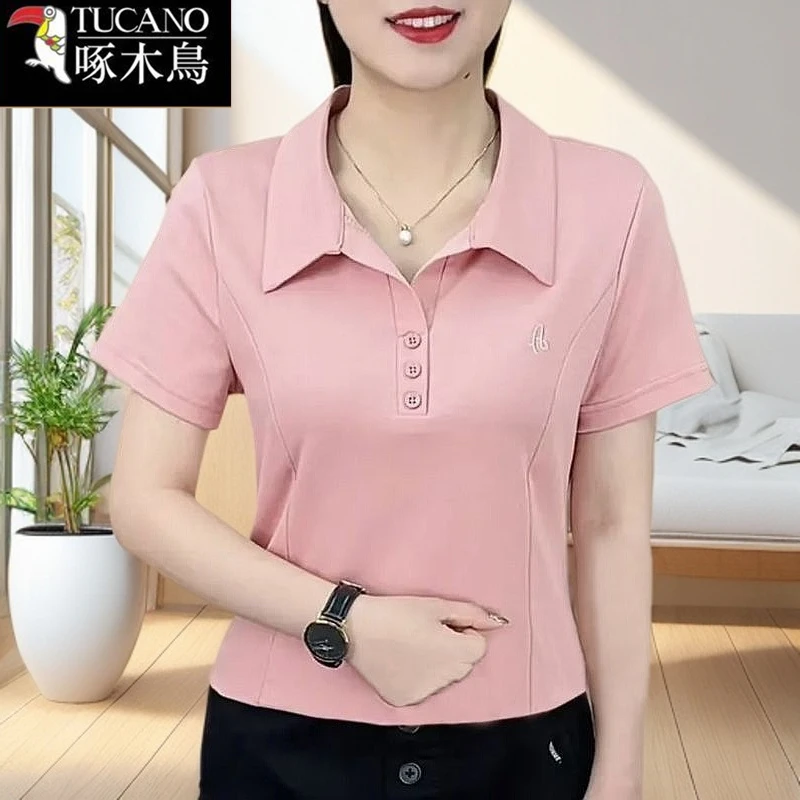 啄木鸟2025年新款T恤女POLO领小众通勤夏季短袖休闲百搭刺绣上衣