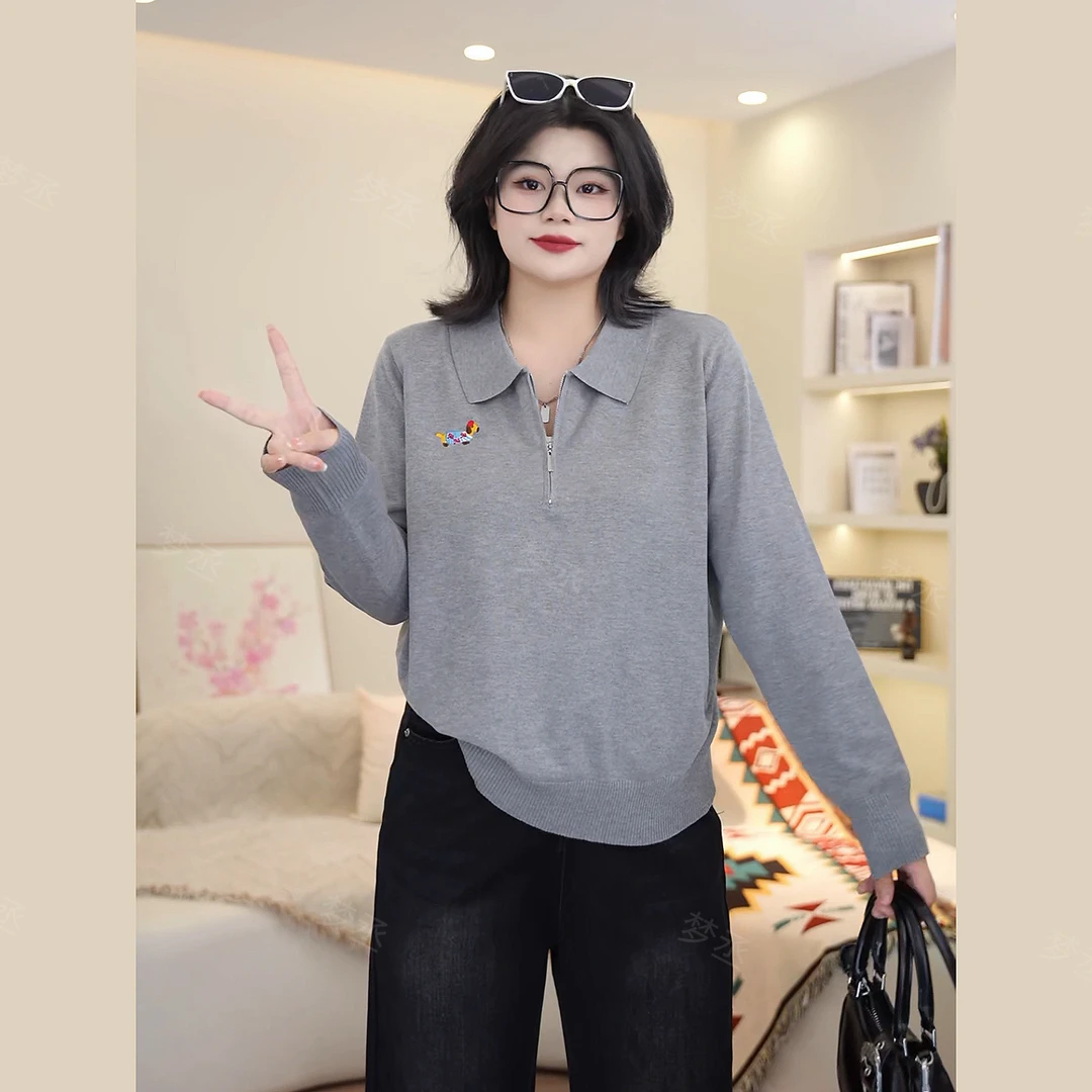 梦丞-胖mm大码女装POLO领冬季宽松显瘦小狗刺绣洋气长袖针织衫
