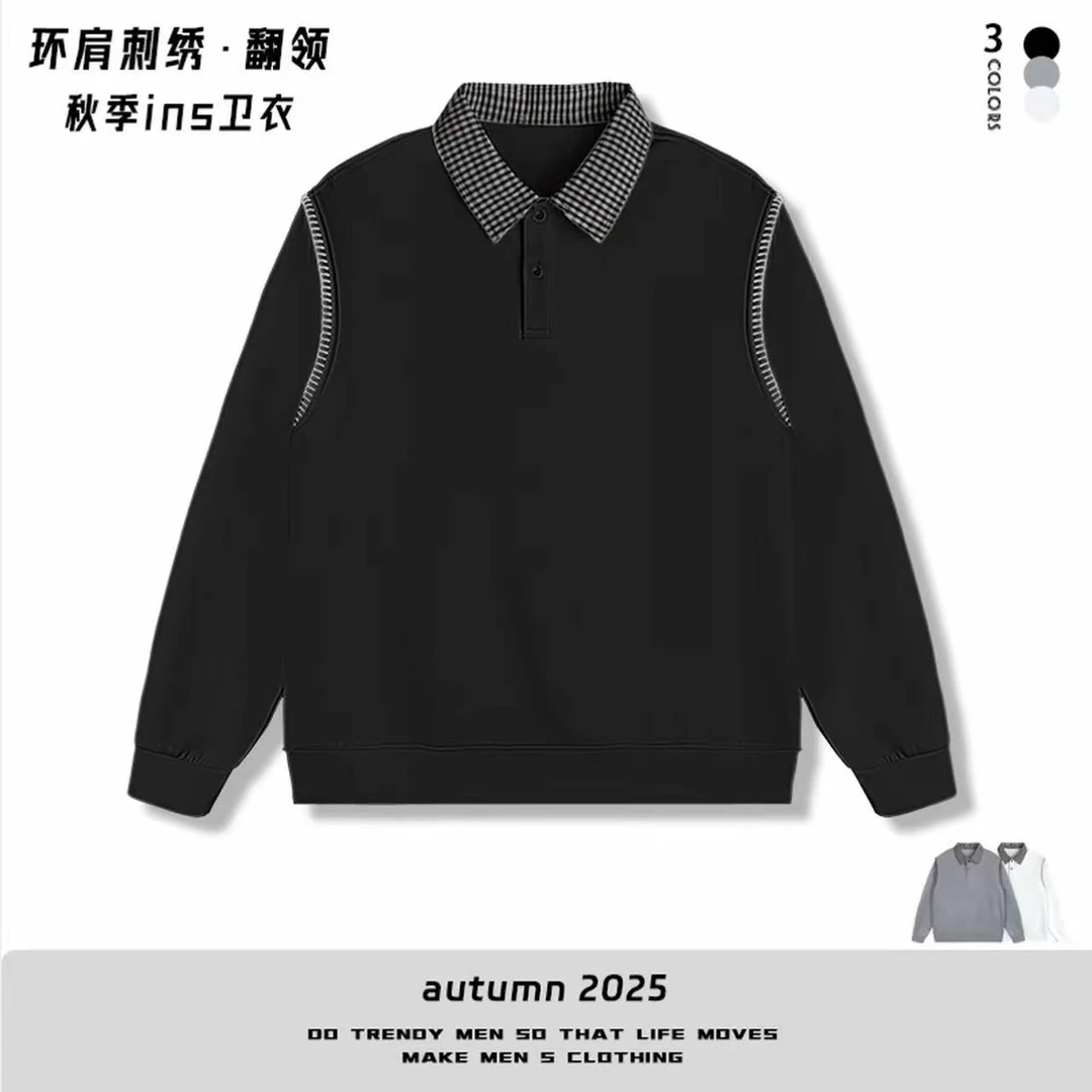 【秋季拼接明线纯色刺绣翻领卫衣】潮流百搭翻领卫衣