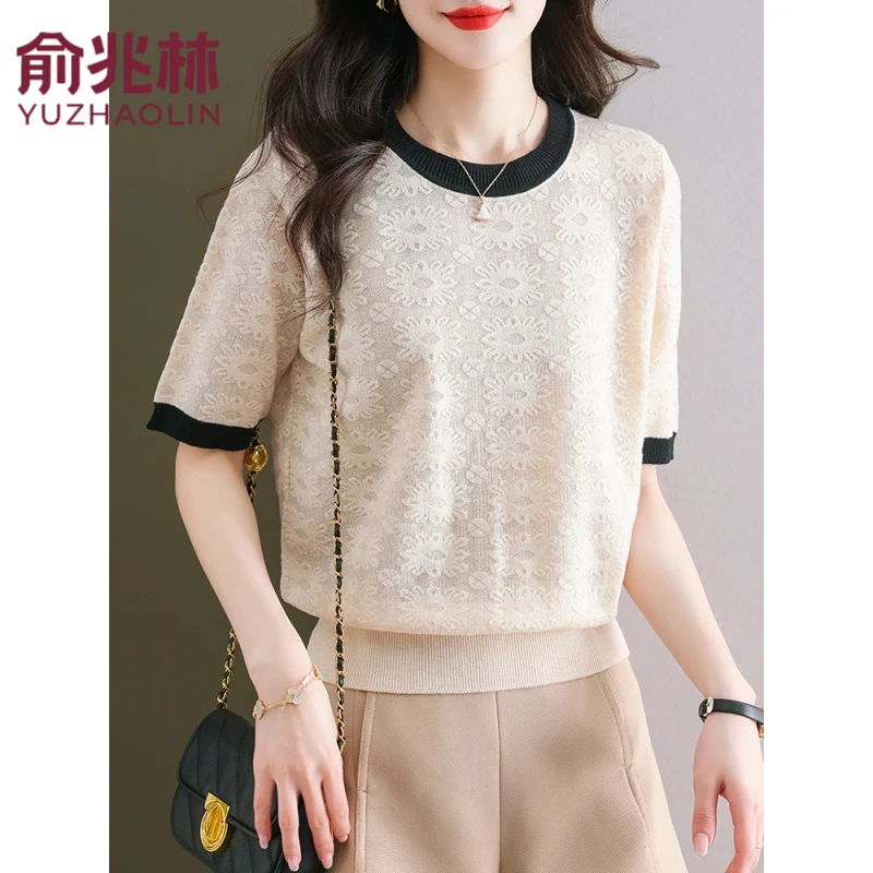 俞兆林年轻妈妈夏装短袖T恤冰丝中年女针织小衫提花中老年女薄上