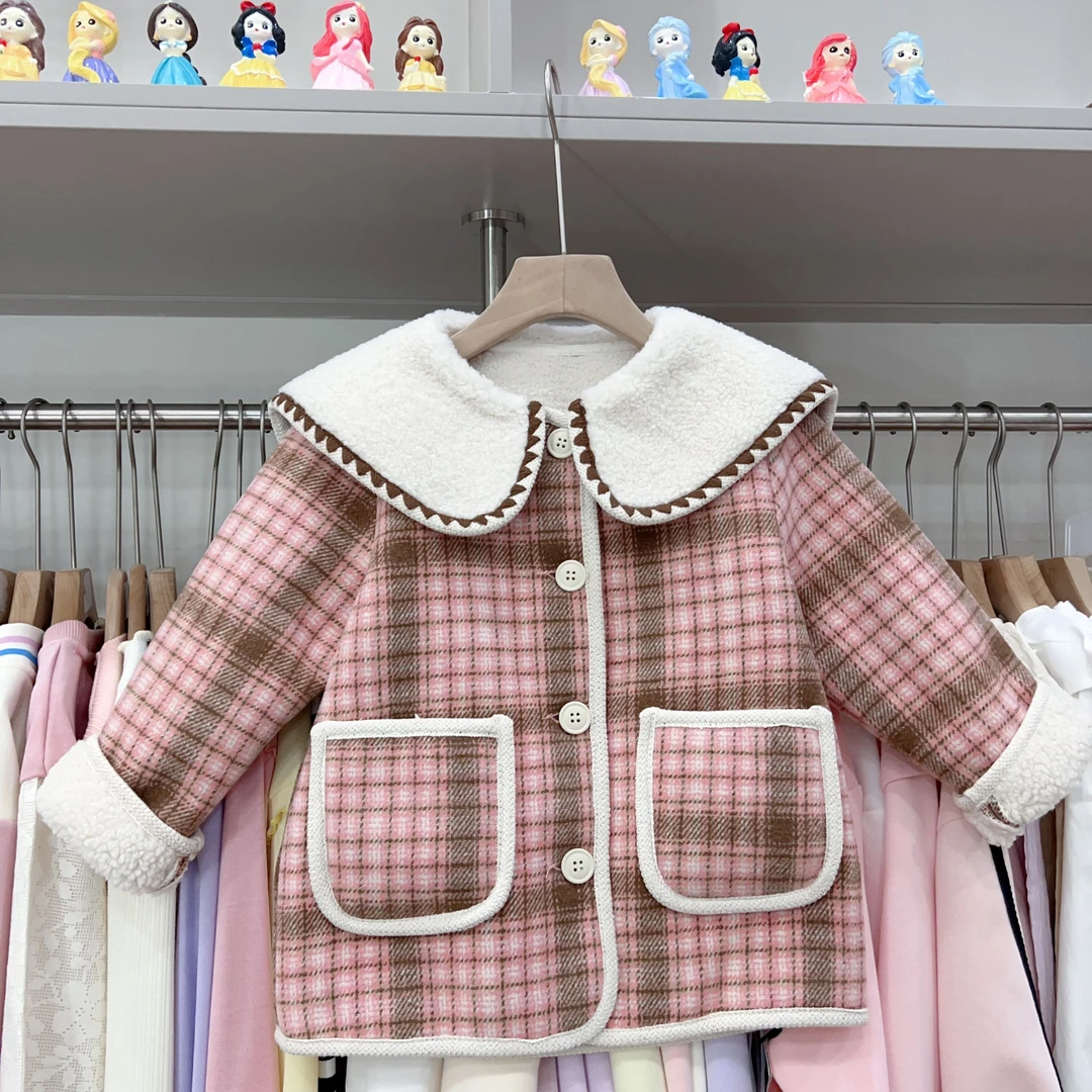 222~粉色格子仿羊羔毛外套