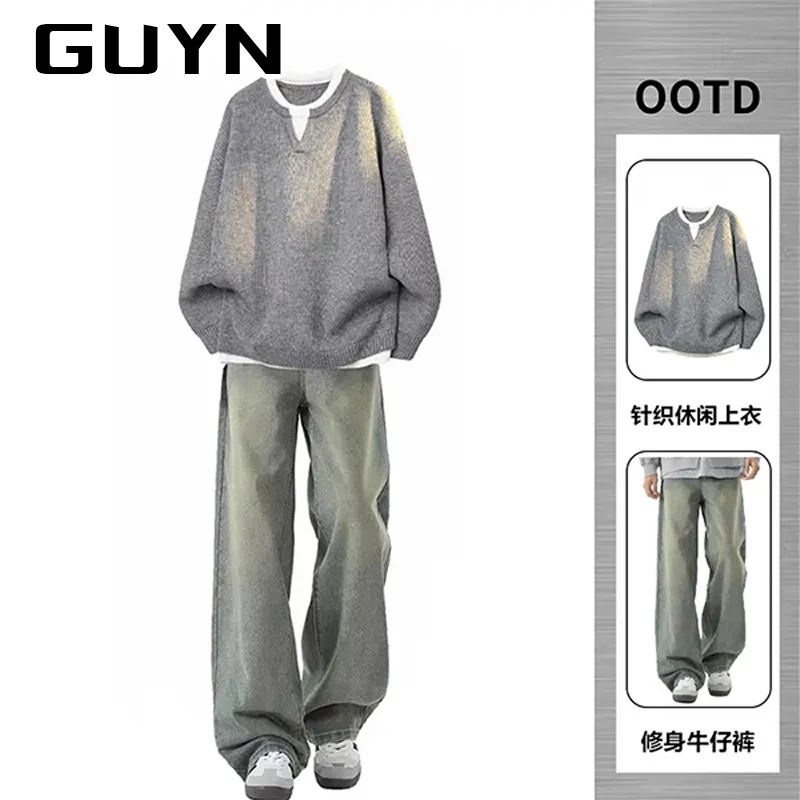 【品牌正品现货】GUYN百搭休闲圆领毛衣男士高街痞帅针织衫上衣套装
