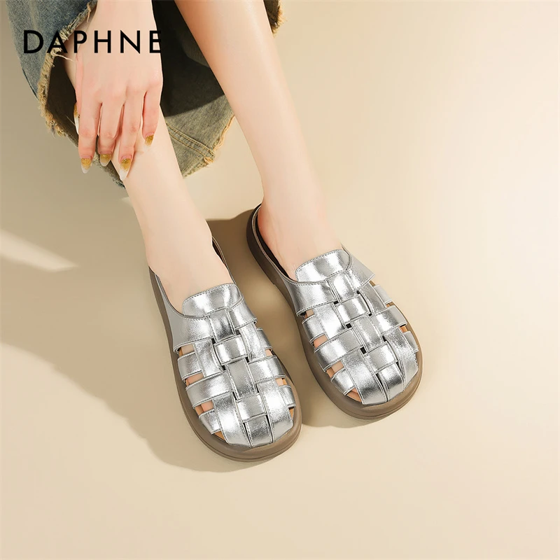 Daphne/达芙妮网红半拖鞋女外穿镂空包头拖鞋穆勒鞋一脚蹬懒人鞋