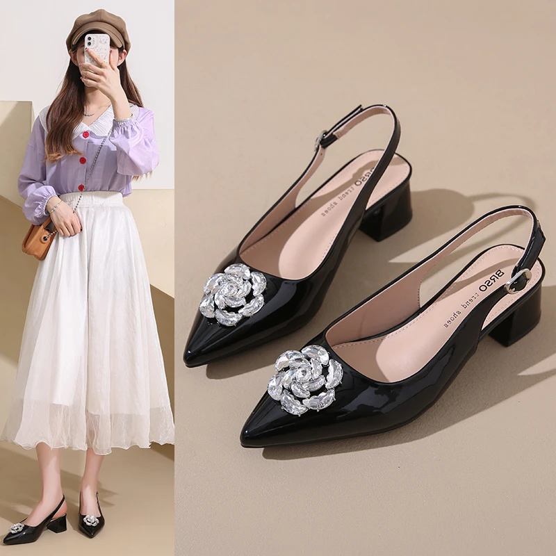 仙女风水钻花朵包头凉鞋女2025年夏季新款浅口高跟鞋细跟后空单鞋