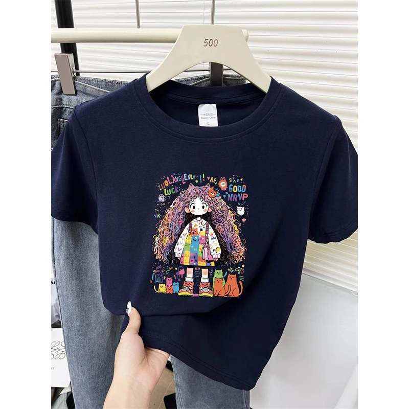 夏季新款减龄卡通印花小个子圆领正肩短袖T恤女洋气时尚休闲小衫