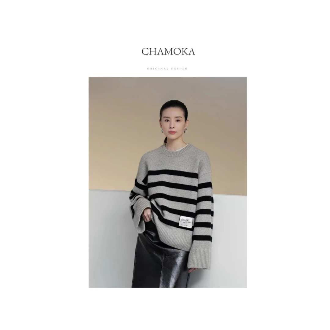 【年中大促】秋冬时尚简约百搭显瘦慵懒针织ED条纹毛衣L780