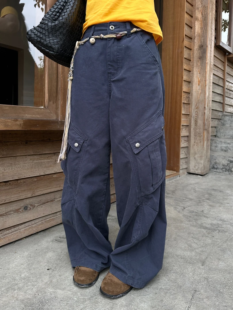 长裤牛仔裤户外工装裤口袋直筒直筒裤做旧中腰阔腿