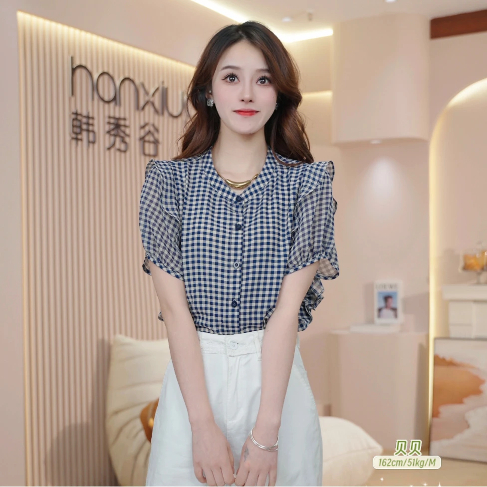 夏季轻薄短袖衬衫女2025夏新款宽松显瘦遮肚子休闲洋气上衣-H522