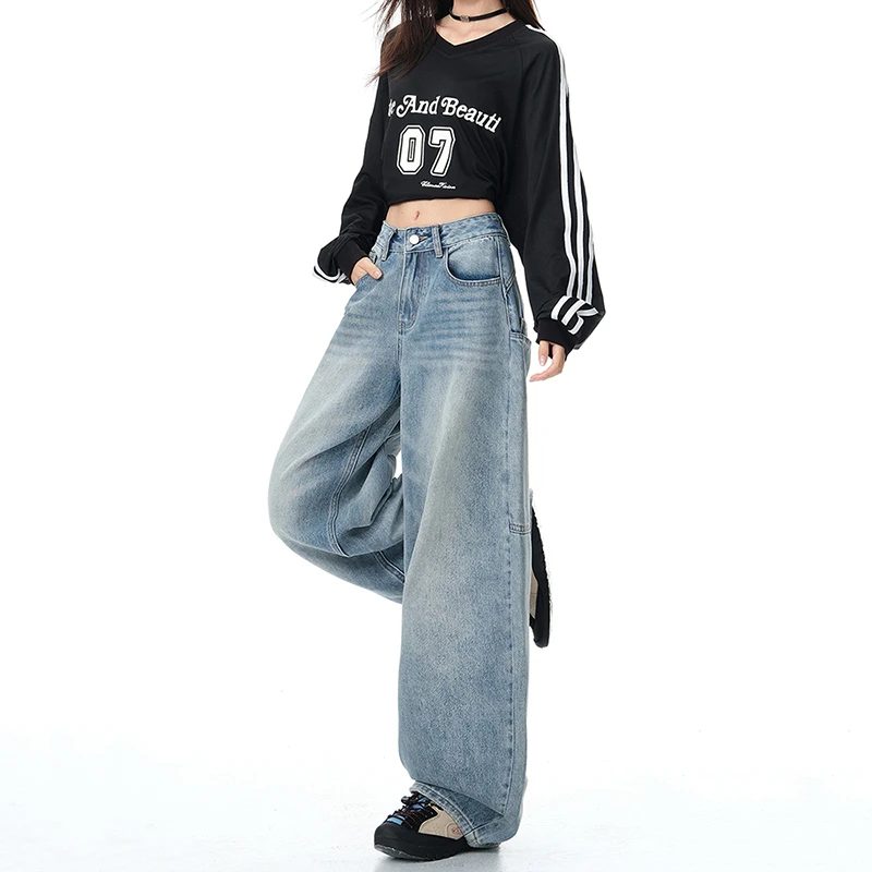 2025秋装美式新款流行高腰宽松直筒大口袋弯刀阔腿牛仔裤女