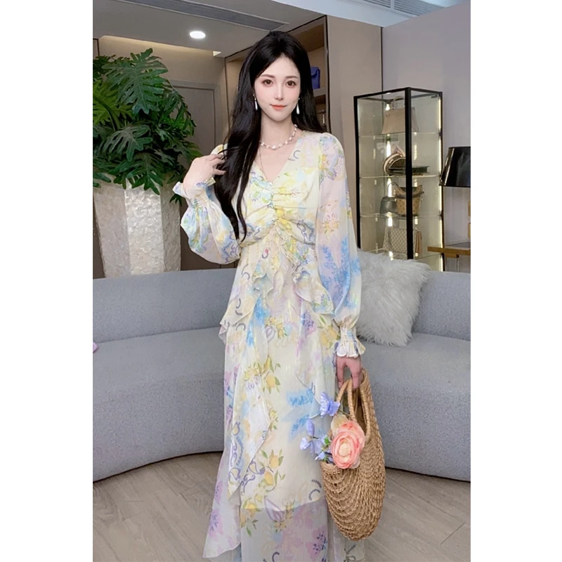 2025春装新款温柔风长袖碎花连衣裙大摆长裙M-2XL