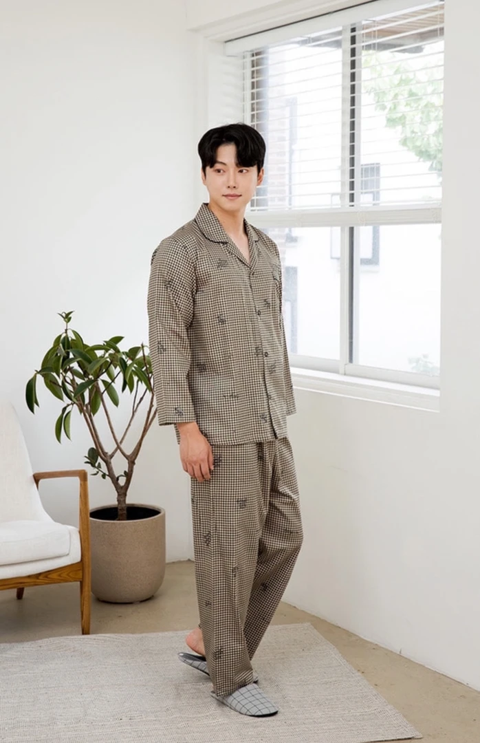 【韩国睡衣】Ma家～无荧光睡衣男款格子长袖家居服