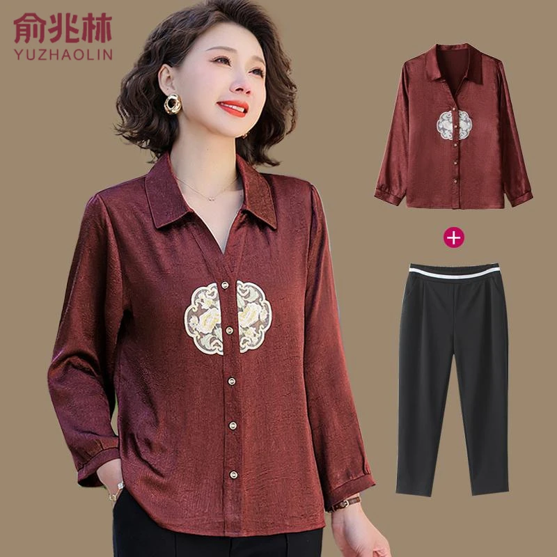 俞兆林2025新款妈妈春装上衣裤子套装洋派质国风中老年女T恤小衫
