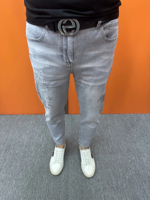 夏季薄款牛仔裤裤子休闲复古风美式时尚潮男修身浅灰色九分牛仔裤