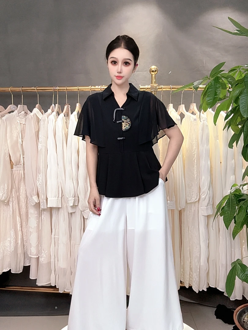 K2095三粒扣显瘦女国风休闲衬衫+长裤套装