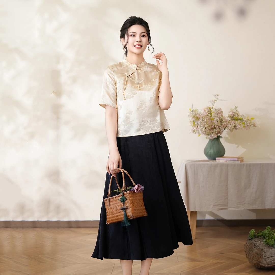 布符2025年夏季香槟梅兰珠扣唐装上衣 复古国风旗袍盘扣女MXQPS16