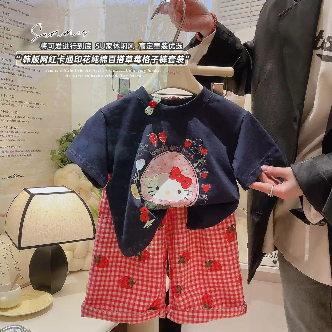 亲子款儿童夏季新款休闲卡通印花短袖格子裤套装女童洋气短袖222