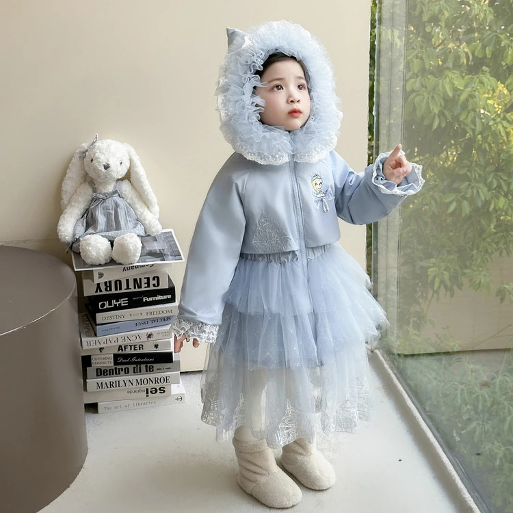 女童冬季艾莎棉服儿童2025新款洋气长款蕾丝保暖棉衣女宝冬款衣服