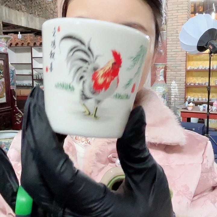 摆件陶景德镇高温陶瓷鸡画片主人杯