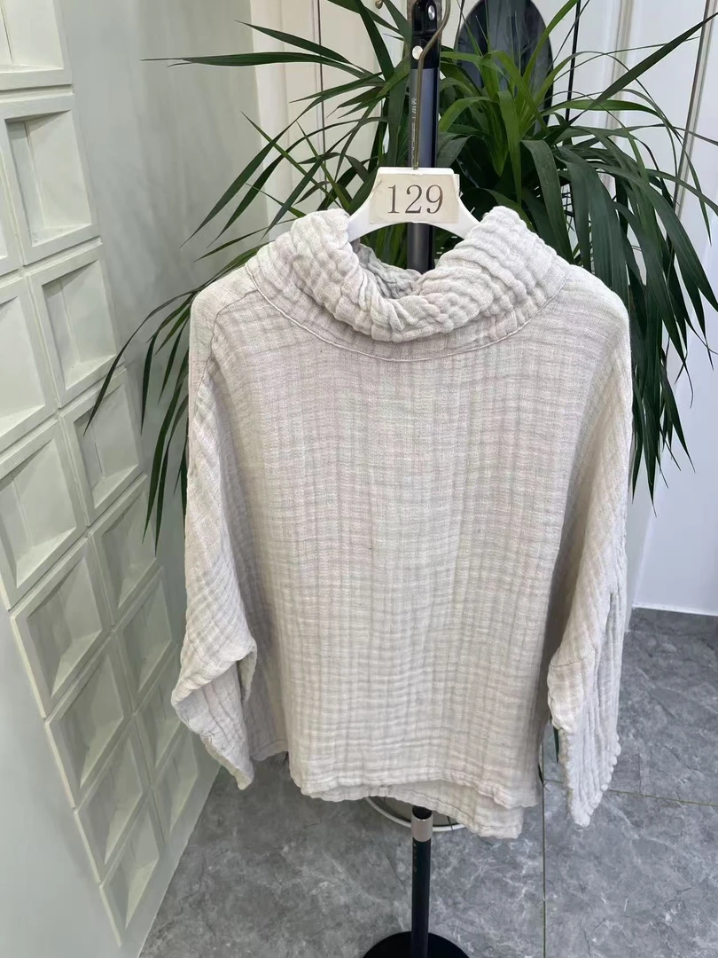 双层亚麻堆堆领长袖上衣衬衫常规款XHH      0136