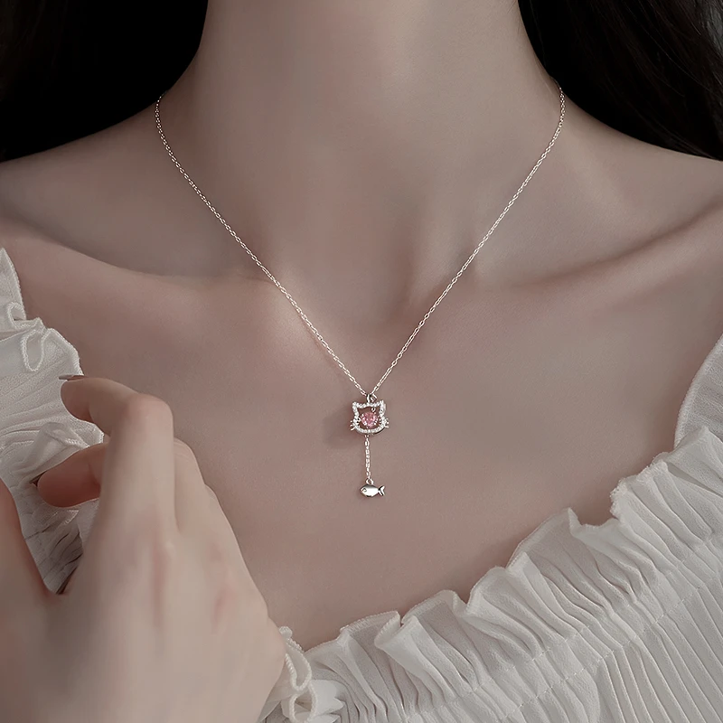 坠链均足银锆石 999纯银小猫钓鱼项链女款2025新款爆款锁骨链颈链
