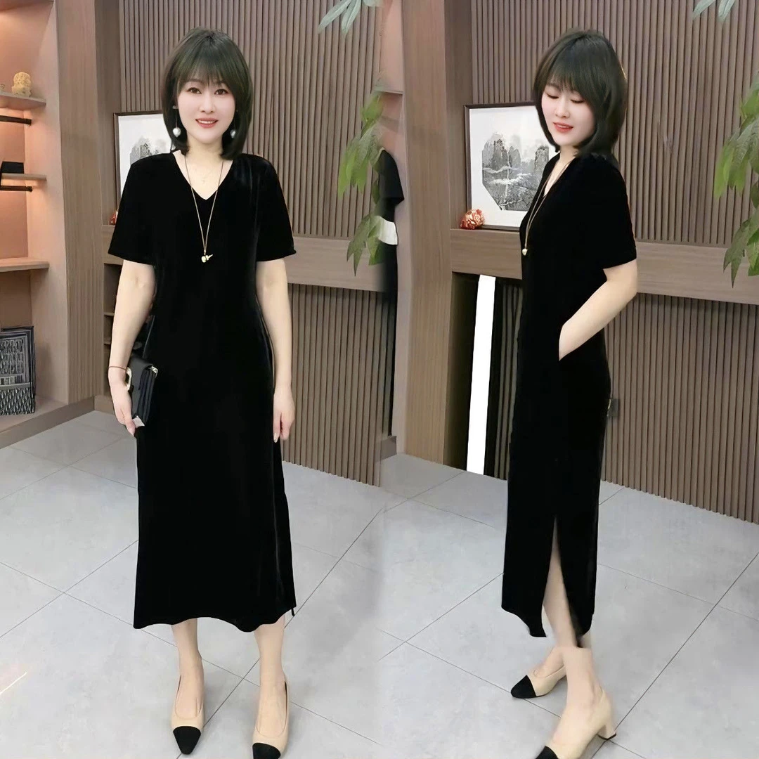 简约大气连衣裙2025夏季新款时尚高级感金丝绒宽松显瘦气质长裙