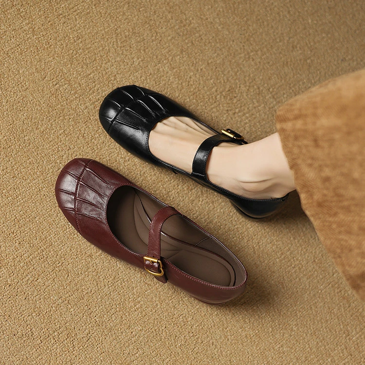 3cm中跟舒适感褶皱一字带浅口玛丽珍法式复古圆头小皮鞋通勤鞋