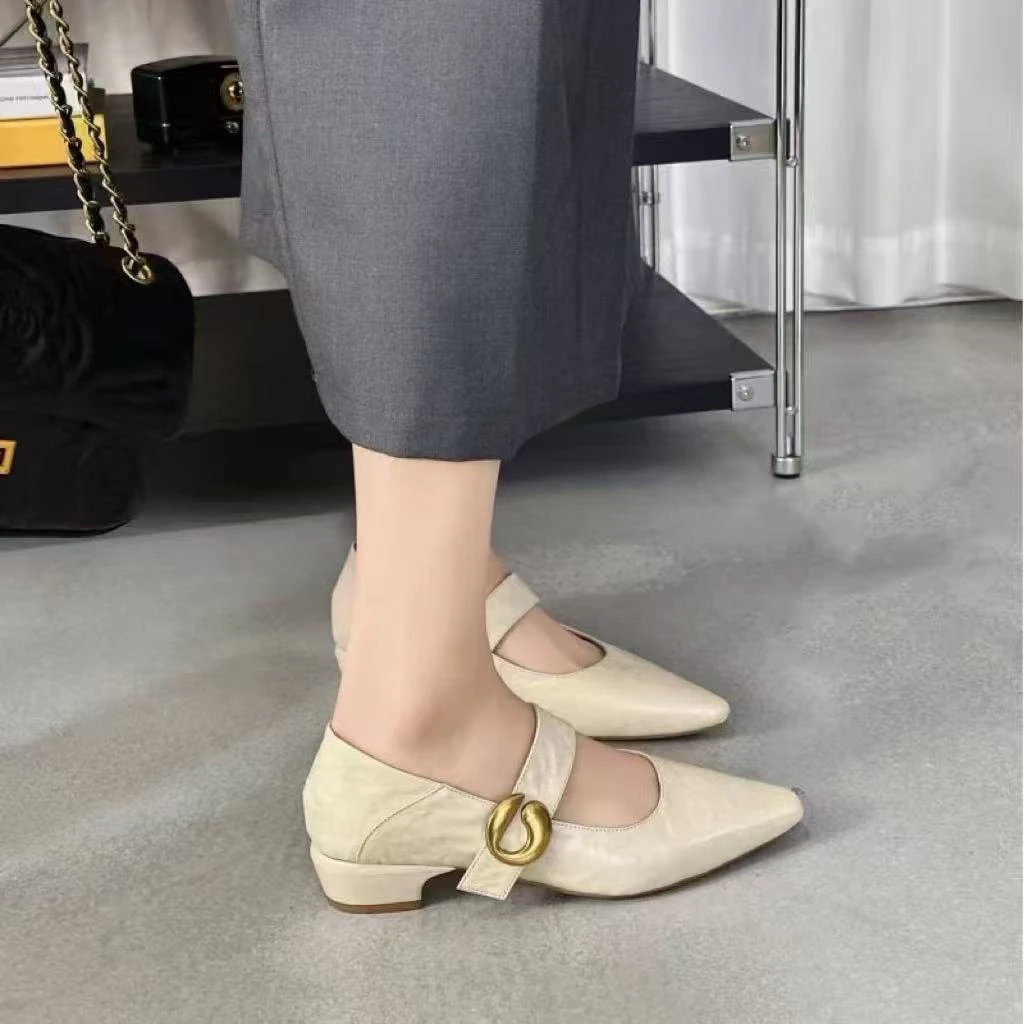 C9629 米白 时尚玛丽珍女单鞋2025真皮百搭浅口女鞋