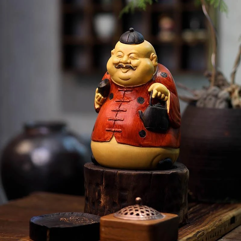 地主摆件仿地主竹根雕守财奴地主婆树脂摆件茶空间送礼品高端摆件