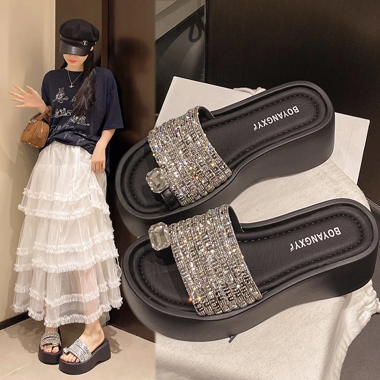 夏季水钻中跟少女风一字型一字拖休闲风高跟松糕底