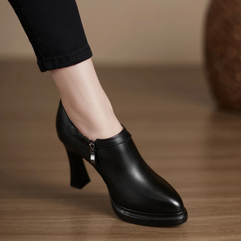 小个子手工女鞋9cm~粗跟深口单鞋防水台百搭小皮鞋女不累脚高跟鞋