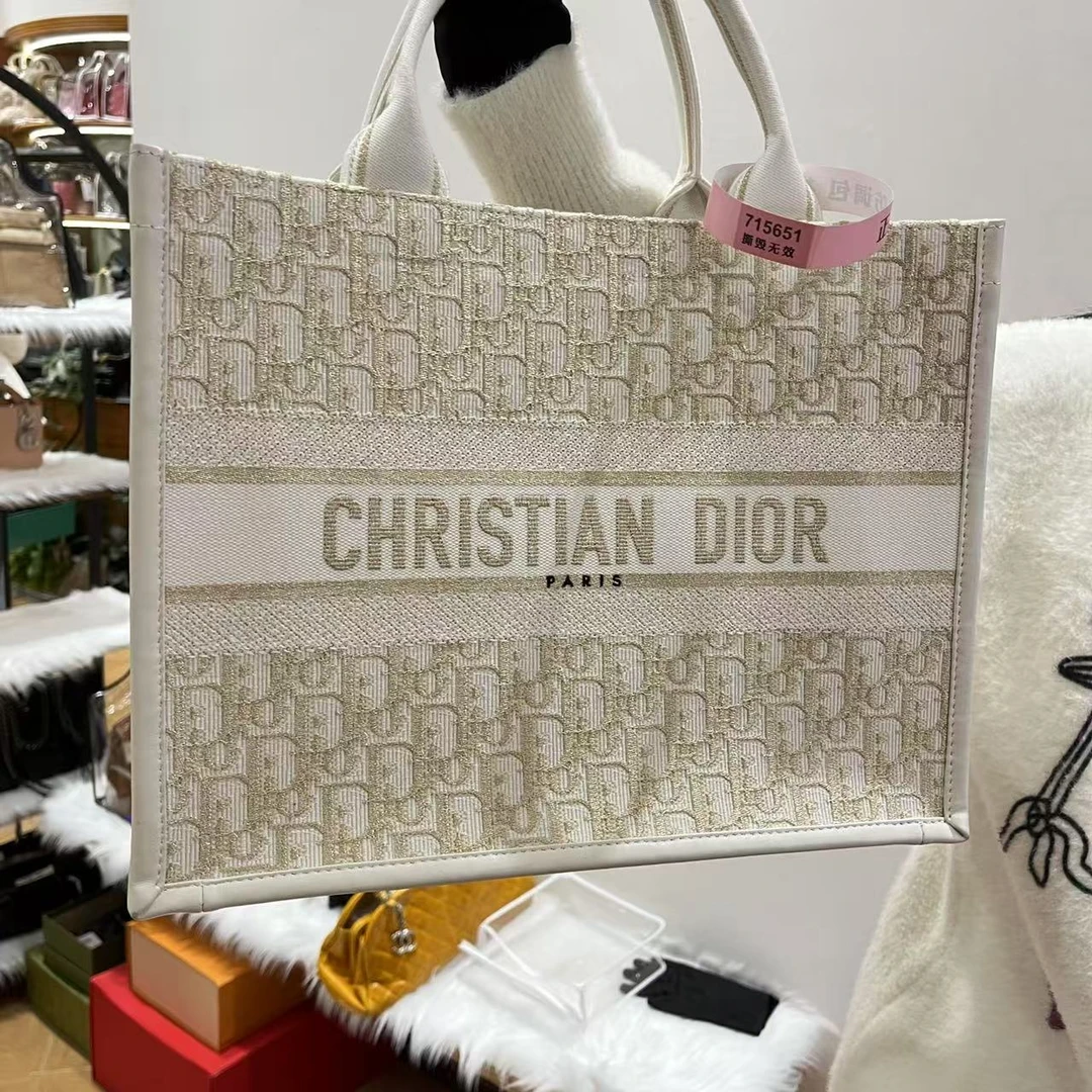 99新 DIOR/迪奥 蔚蓝/香槟金色 中号 tote 购物袋
