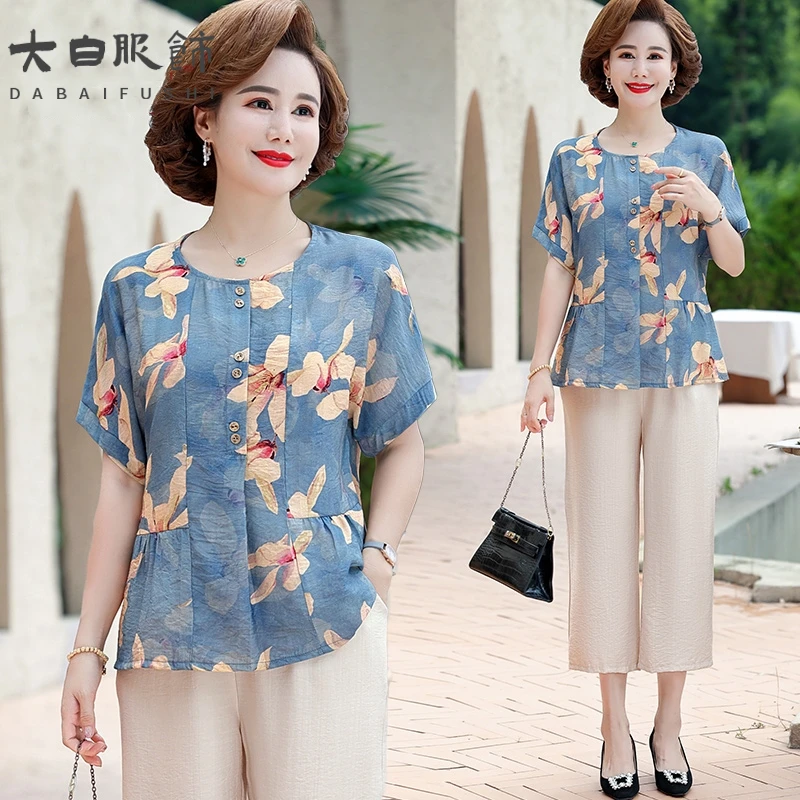 母亲节中老年女夏装短袖t恤妈妈夏季套装中年洋气棉麻上衣两件套