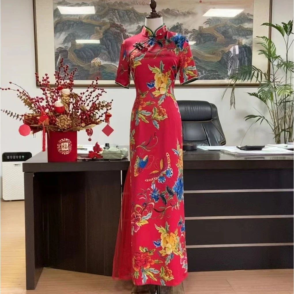 娴馨（国潮民族风）醋酸长款牡丹印花主持人走秀舞台气质礼服旗袍