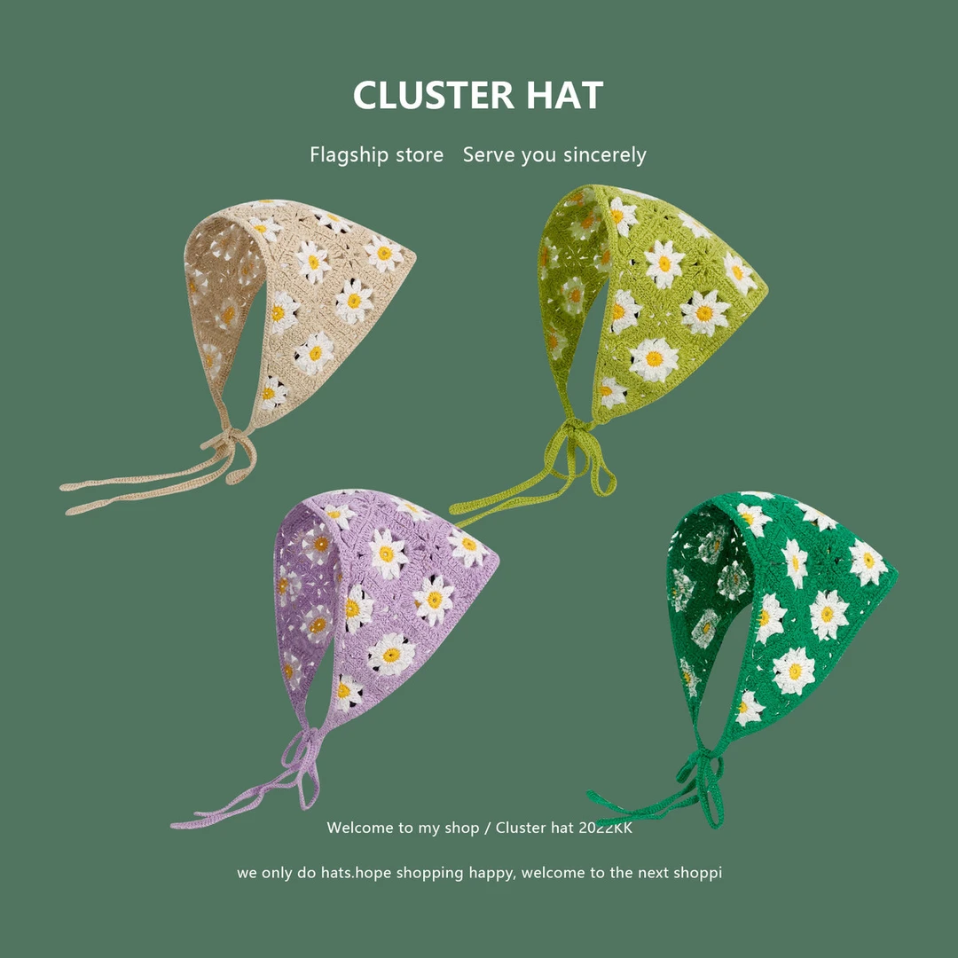 多巴胺小雏菊帽子女春秋旅行花朵针织钩花镂空文艺三角巾头巾发带