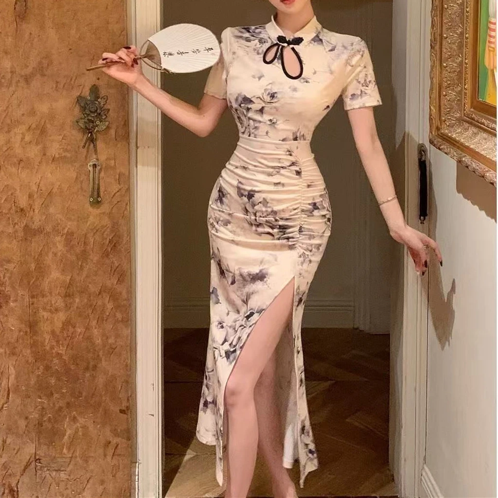 性感镂空褶皱开叉新中式中国风改良旗袍夏季修身收腰显瘦连衣裙女