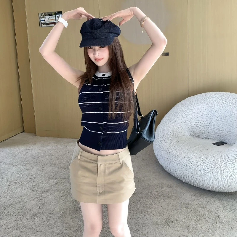 韩系复古撞色条纹无袖针织背心女夏季新款修身显瘦设计感外穿上衣