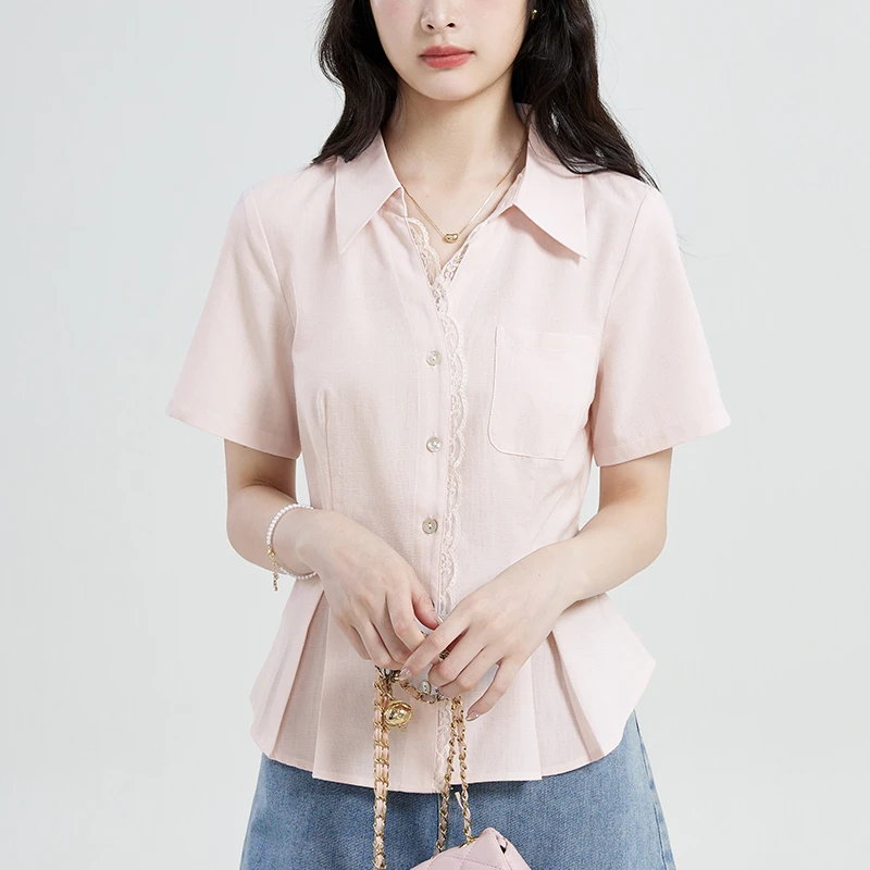 蕾丝花边正肩短袖衬衫女夏季2025新款修身收腰衬衣设计感小众上衣