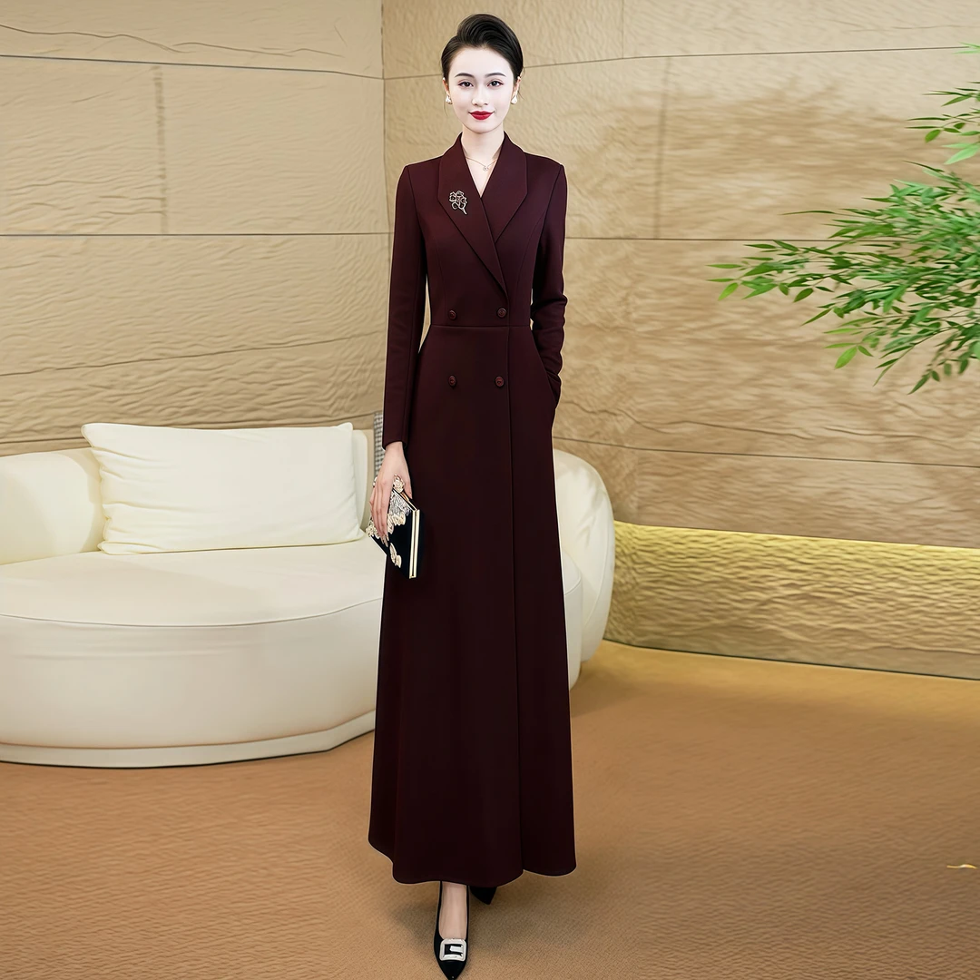 时尚气质女神范加厚冬季修身连衣裙2025新款显瘦酒红色轻奢长裙71