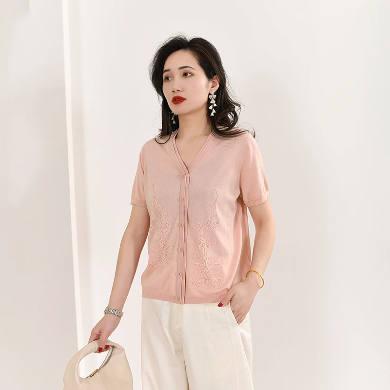 EKNR桑蚕丝+莱赛尔天丝2025春夏新款时尚百搭显瘦气质洋气短袖T恤